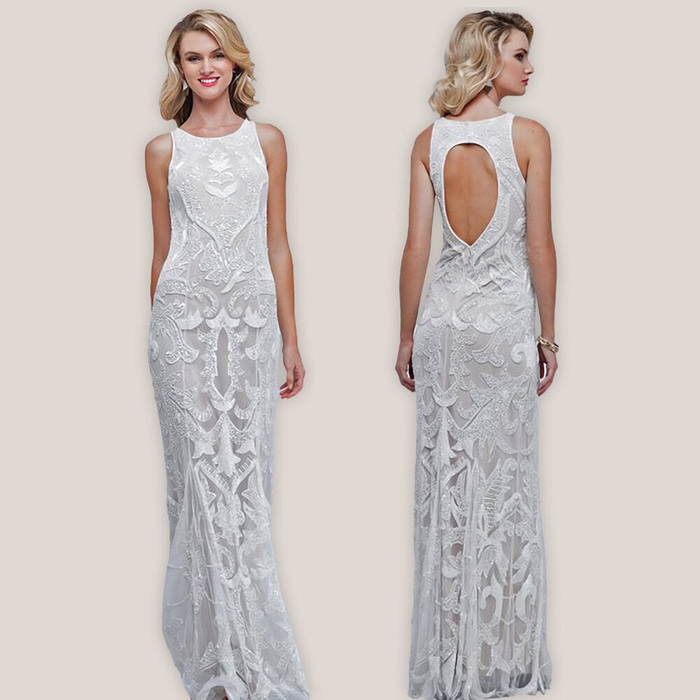 NWOT Mignon Long Formal Evening Gown | Wedding Dress White Beaded Open Back